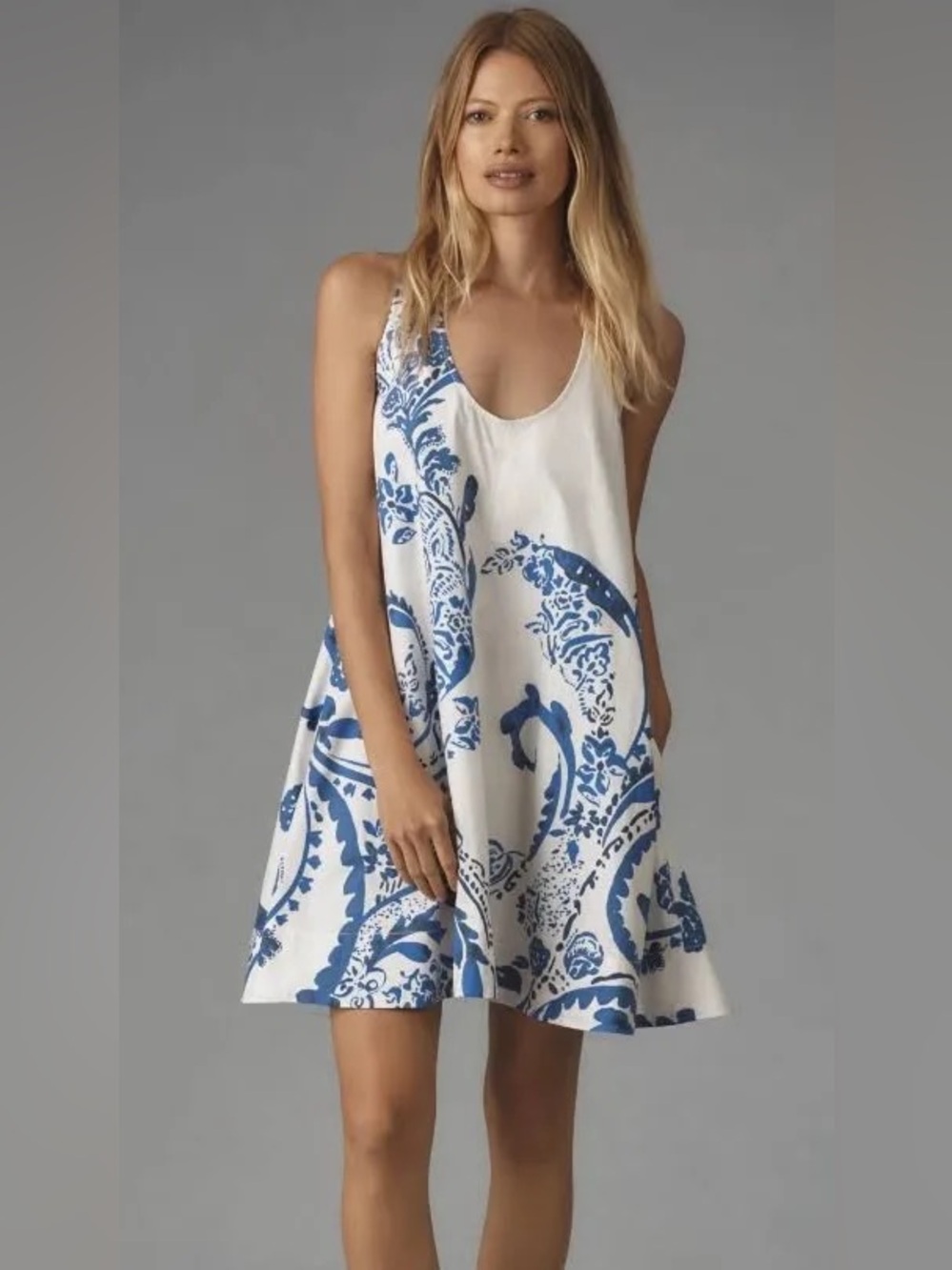 Maeve Anthropologie Keiko Mini Dress L White Blue Paisley Cotton Swing